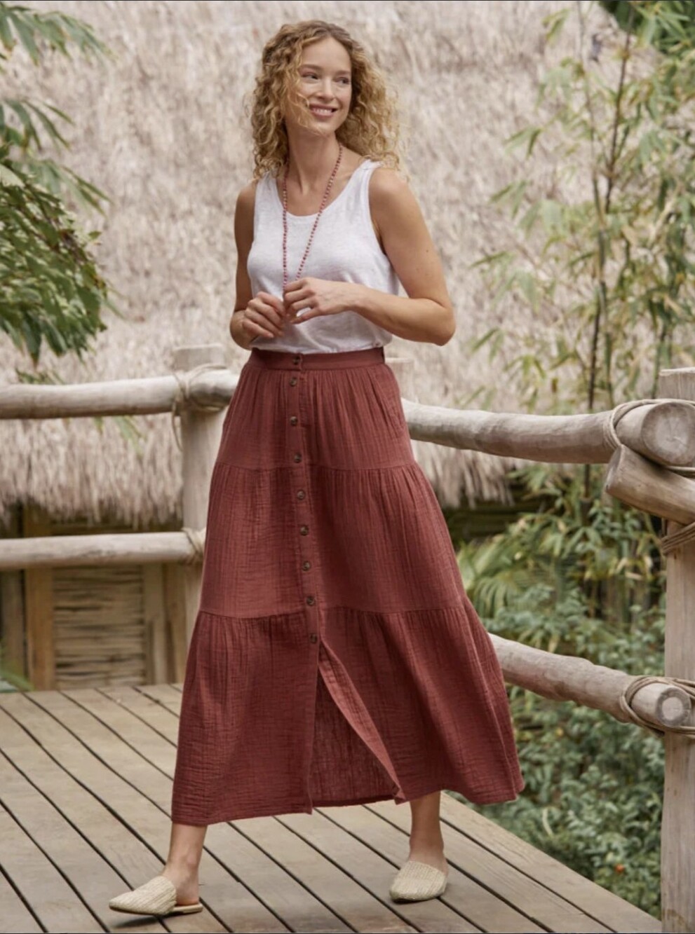 Garnet Hill Rust-Tone Tiered Organic Cotton Button-Front Maxi Skirt Large Boho